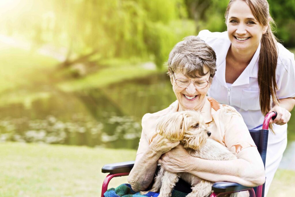 A senior woman holding a small tan dog in her lap while being pushed in a wheelchair.