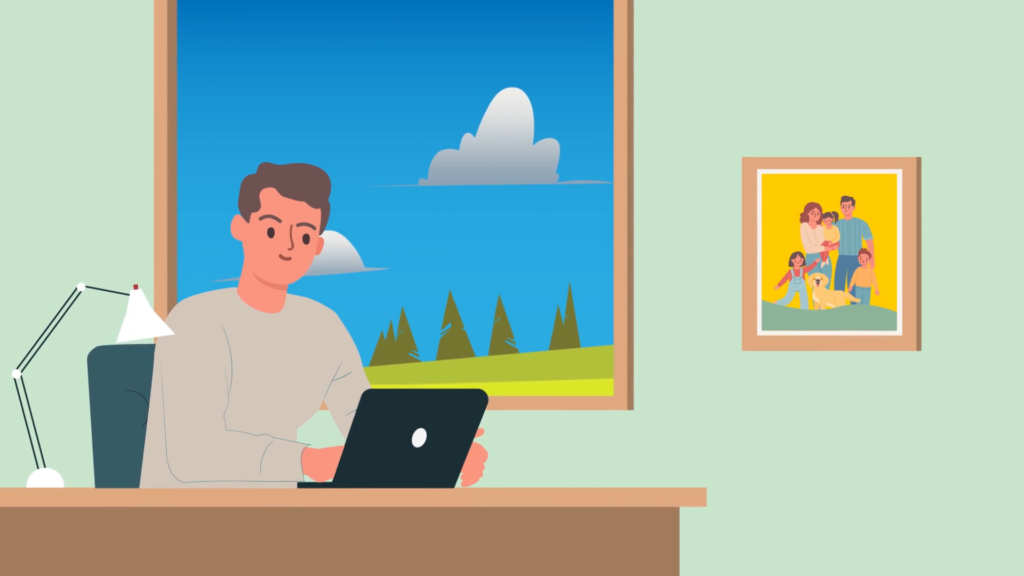 animated graphic of a man looking at his laptop
