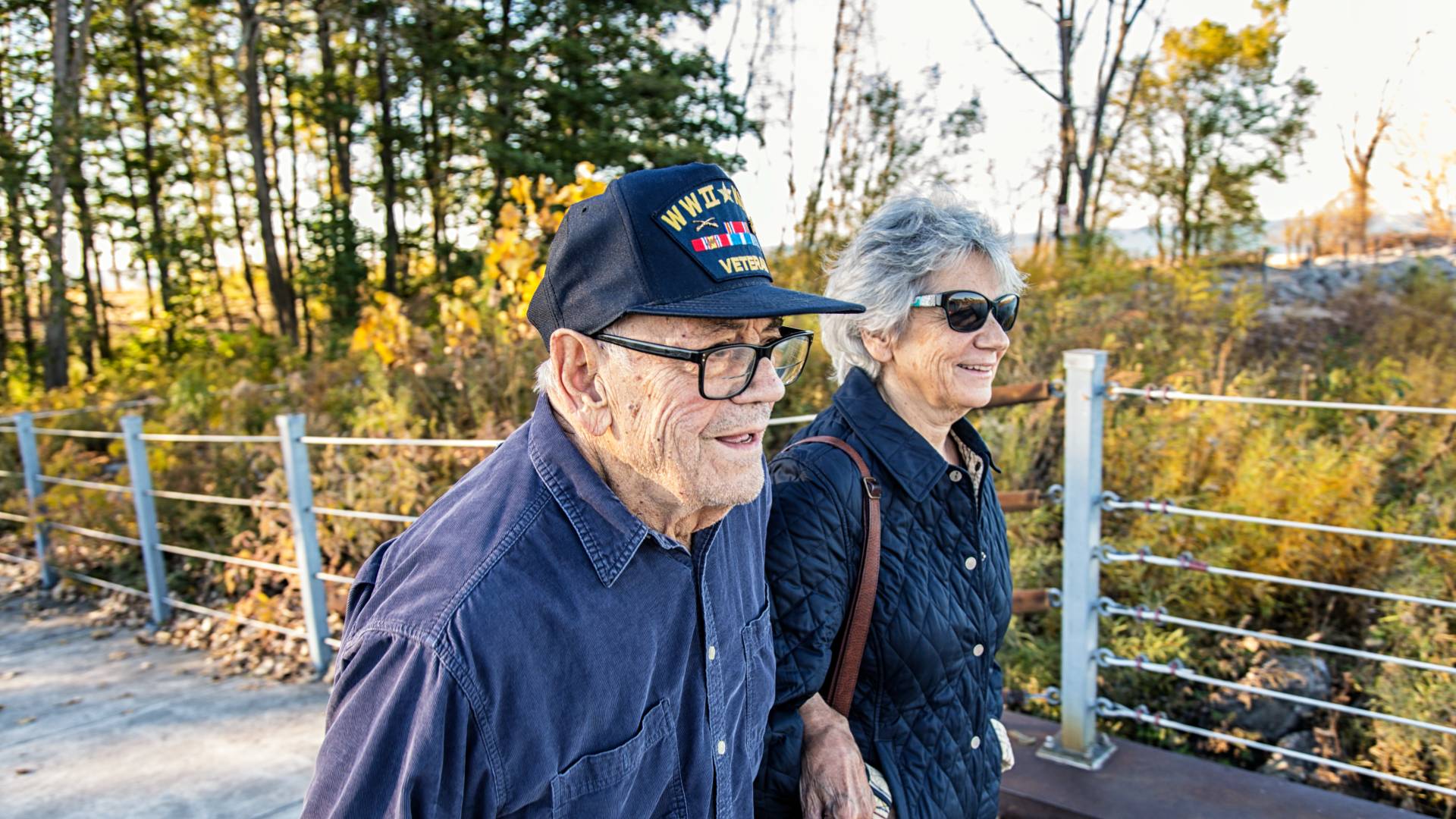 happy senior couple walking